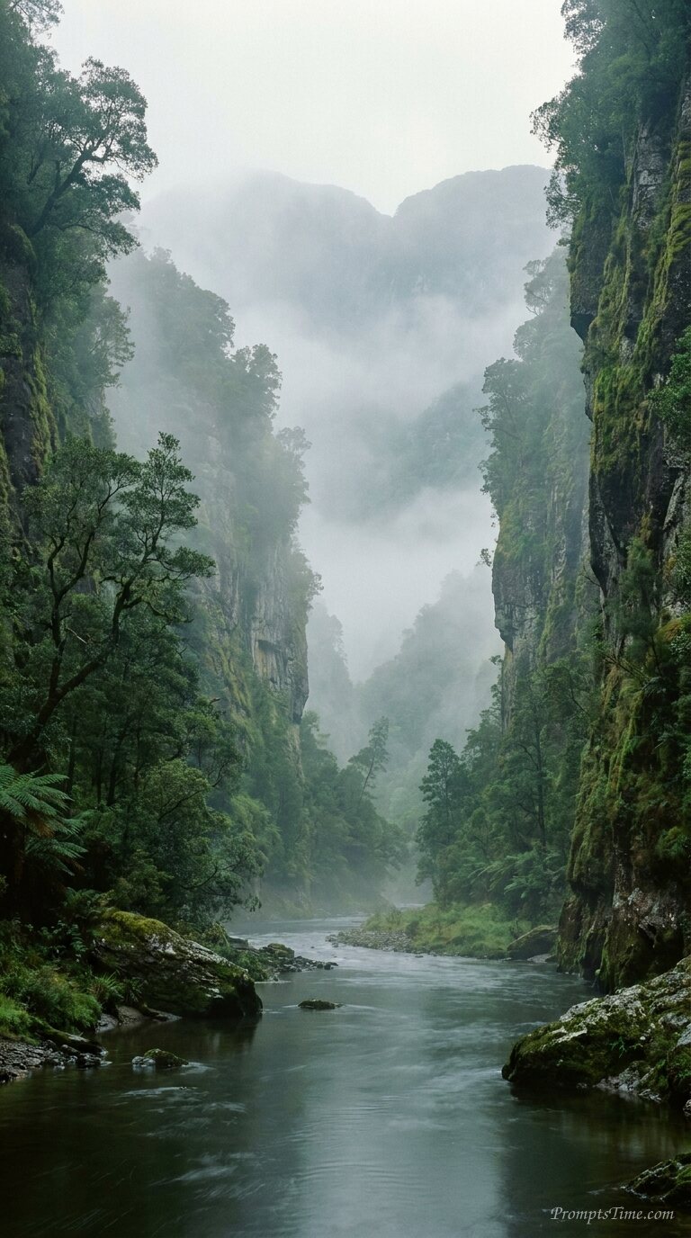 River flowing through misty valley — AI-generated images image