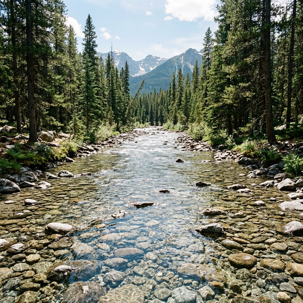 River flowing through pine forest — AI-generated images image