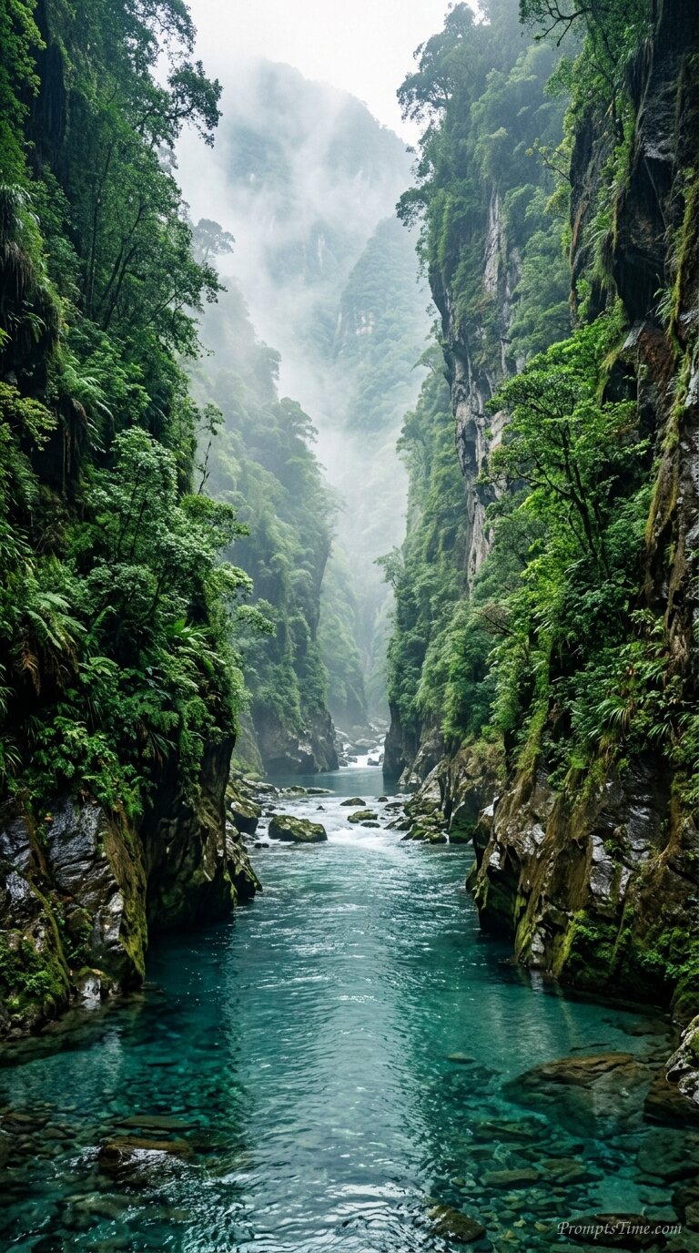 River passing between green cliffs — AI-generated images image