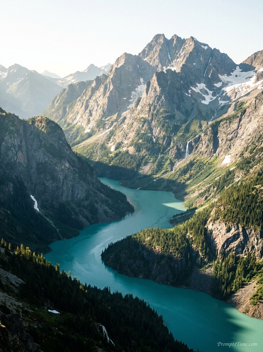 Turquoise river winding between … — AI-generated images image