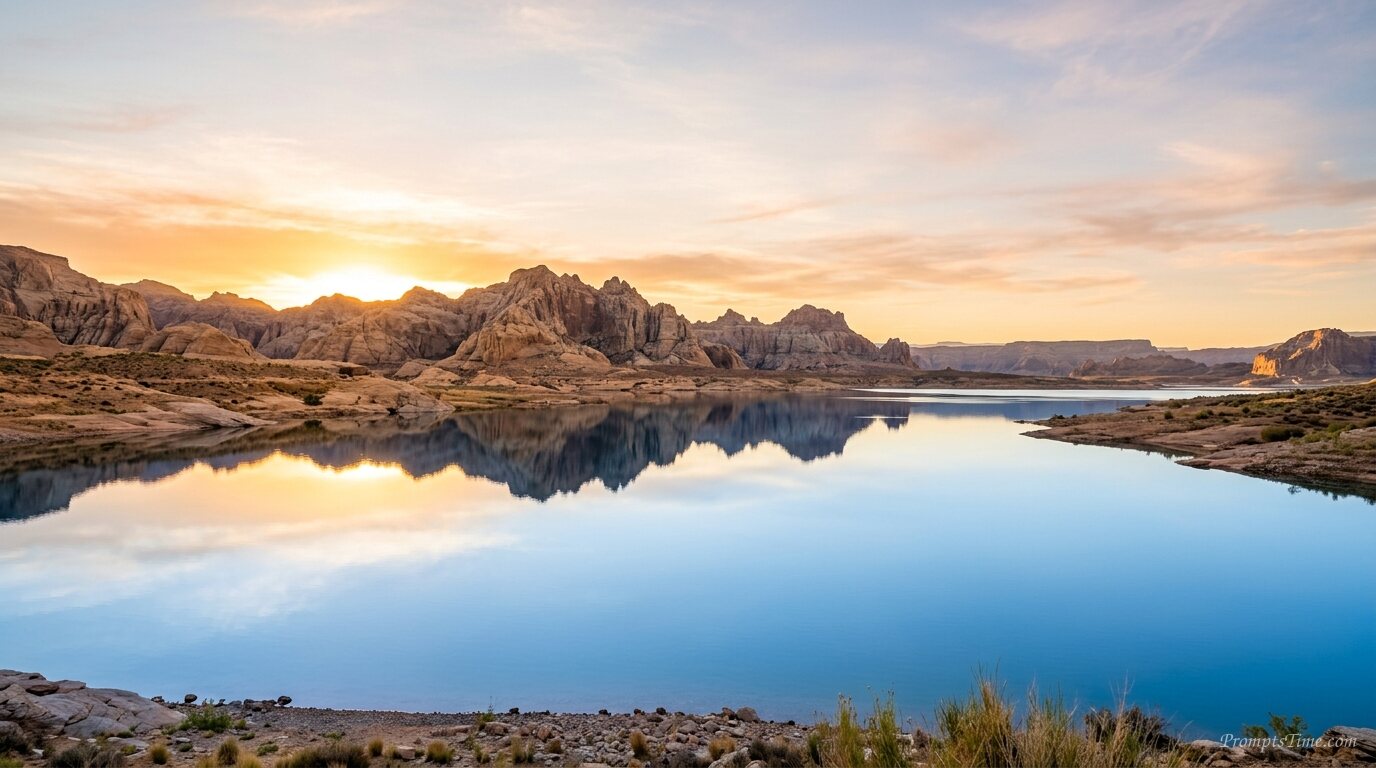 Desert lake reflecting rocky mou… — AI-generated images image
