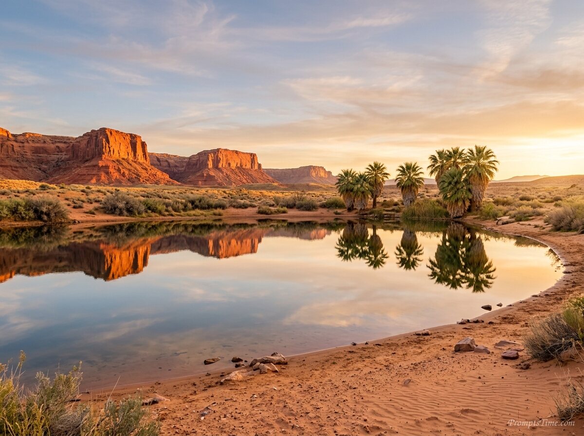 Desert pond reflecting rock form… — AI-generated images image
