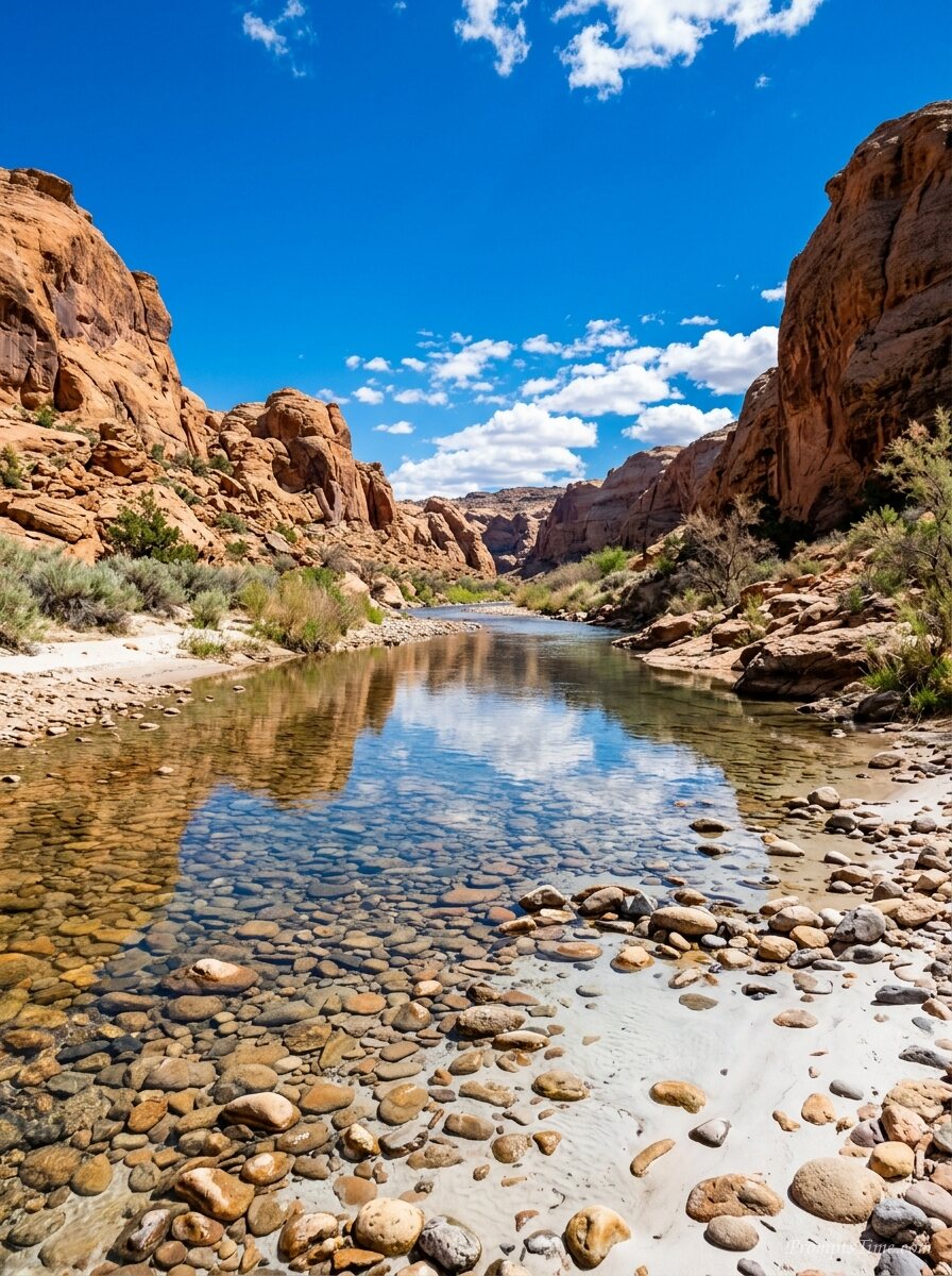 Desert river reflecting blue sky — AI-generated images image