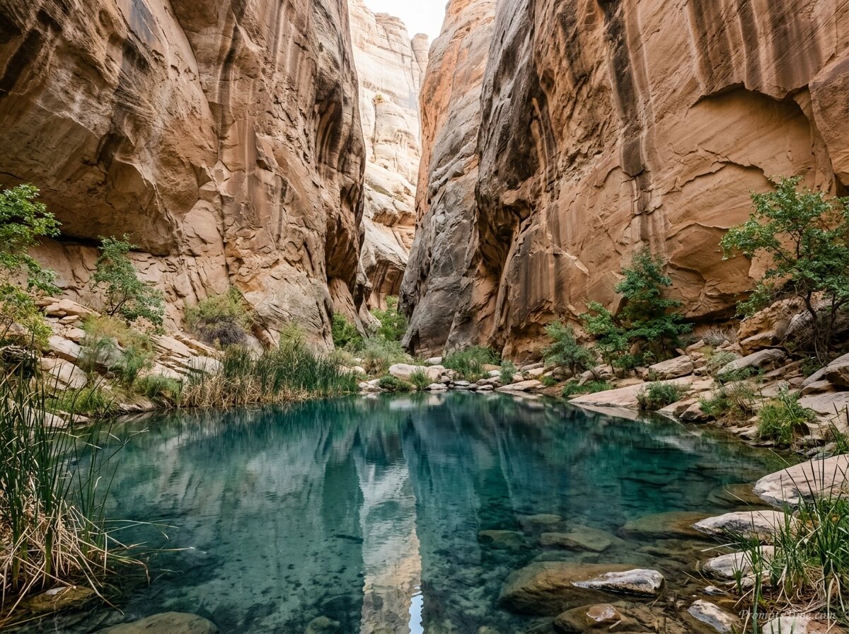 Desert spring pool in rocks — AI-generated images image
