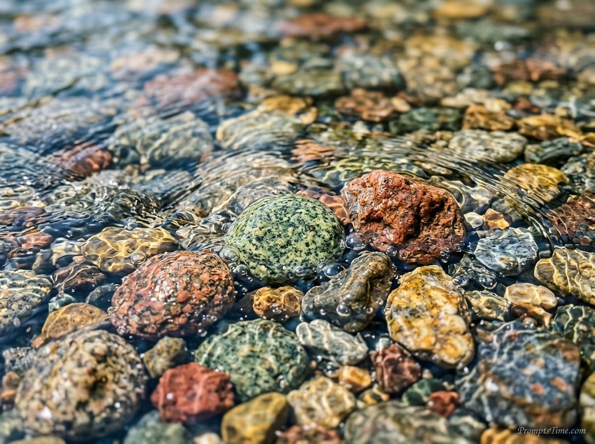 Water moving over river stones — AI-generated images image