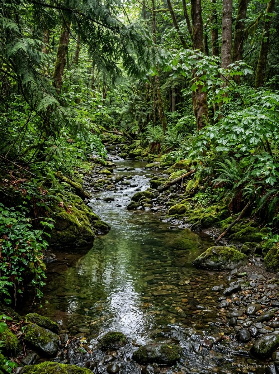 Woodland creek winding through f… — AI-generated images image