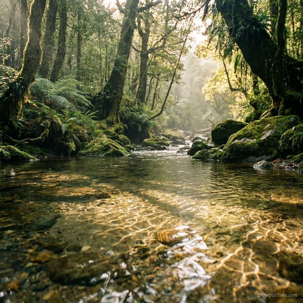 Stream flowing through green forest — AI-generated images image