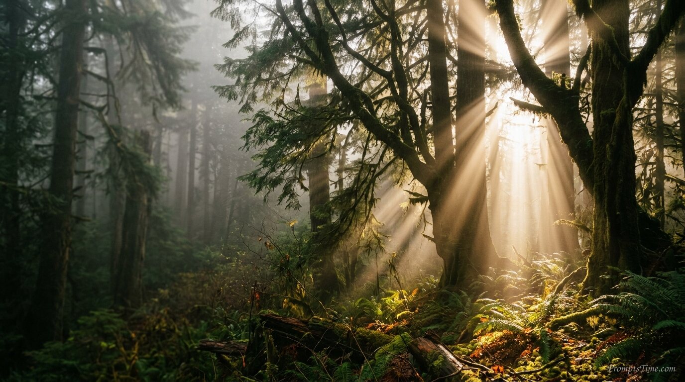 Sunbeams piercing foggy forest c… — AI-generated images image