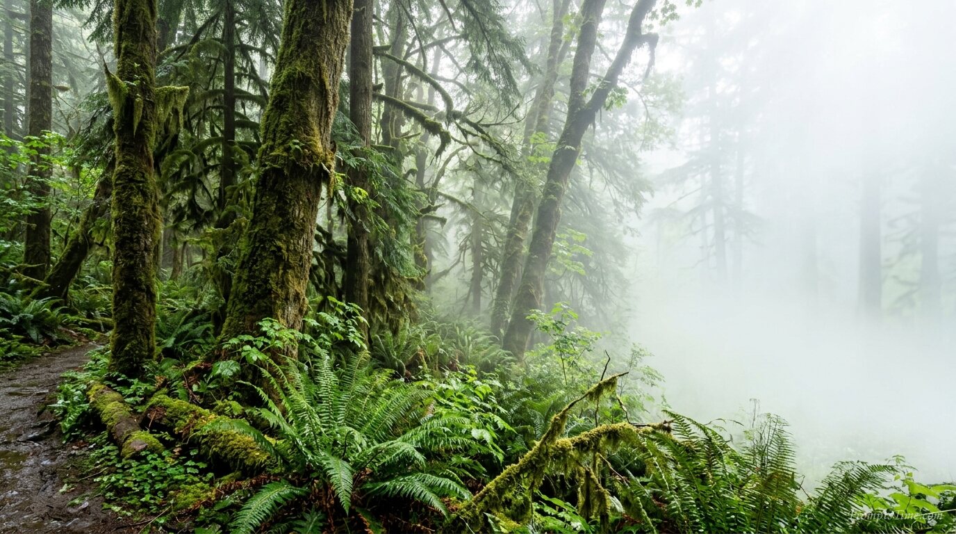 Mist rising in temperate rainforest — AI-generated images image