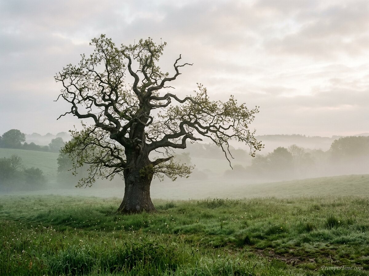Ancient oak tree in meadow — AI-generated images image