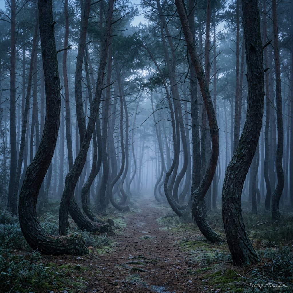 Curved trunks of crooked forest — AI-generated images image