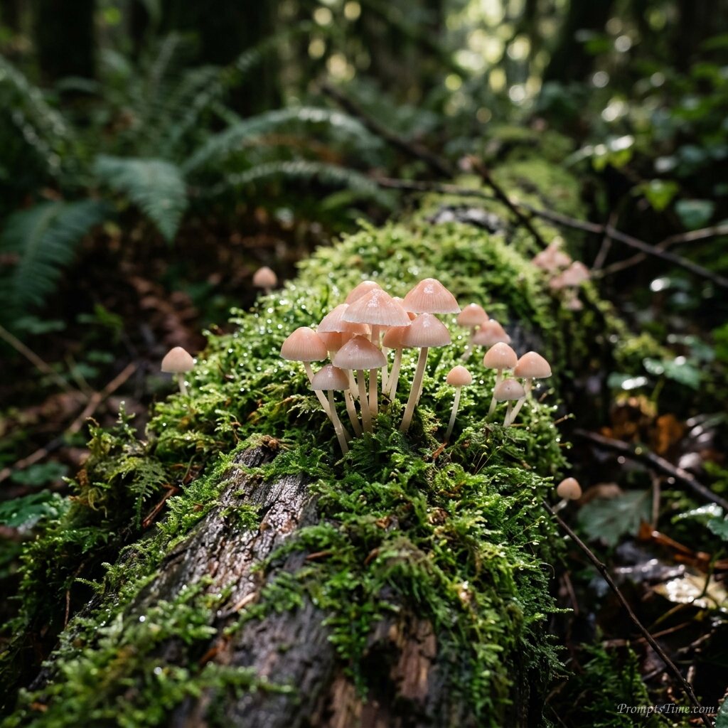 Mushrooms growing on mossy log — AI-generated images image