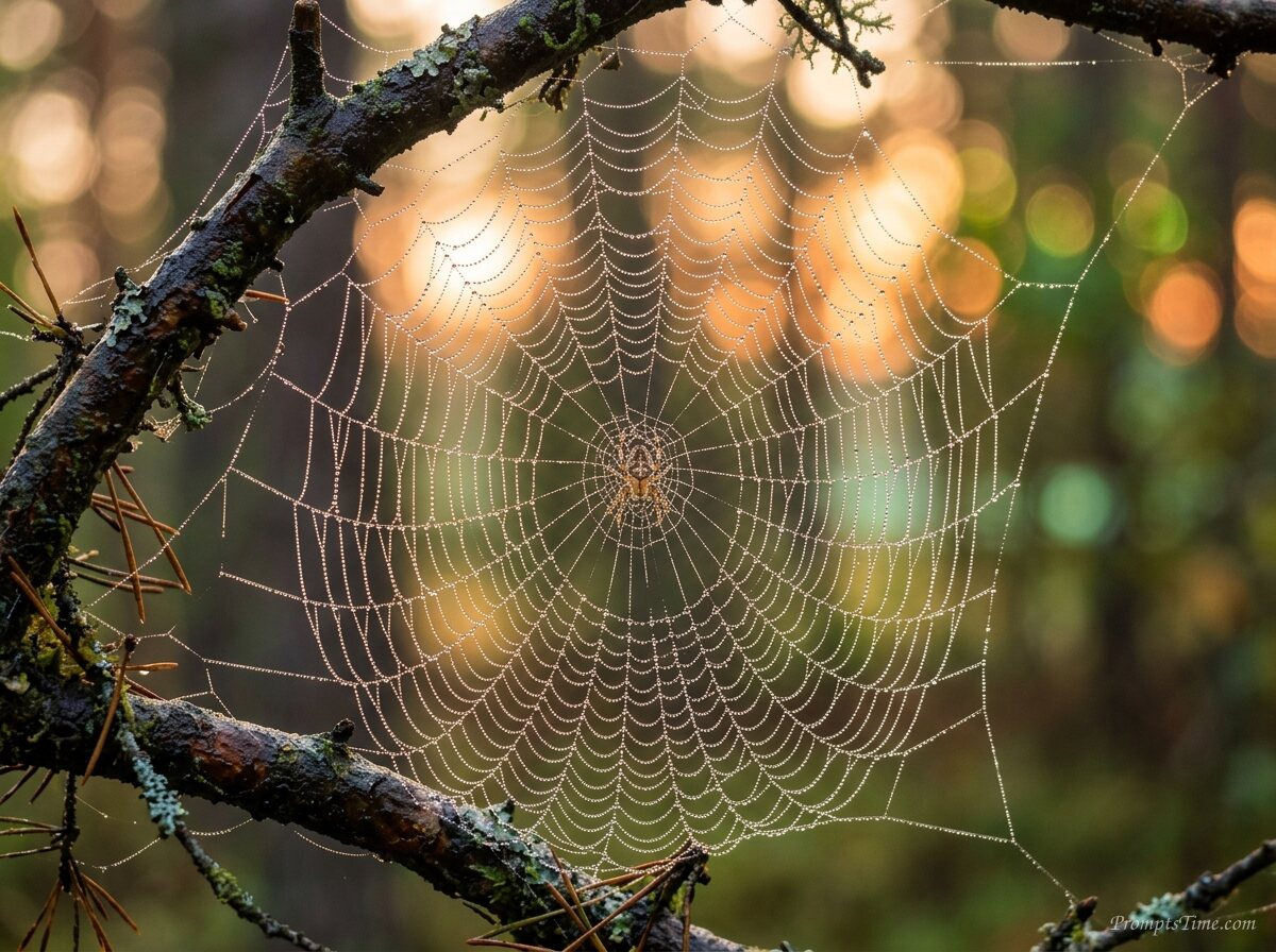 Dewdrops covering morning spiderweb — AI-generated images image