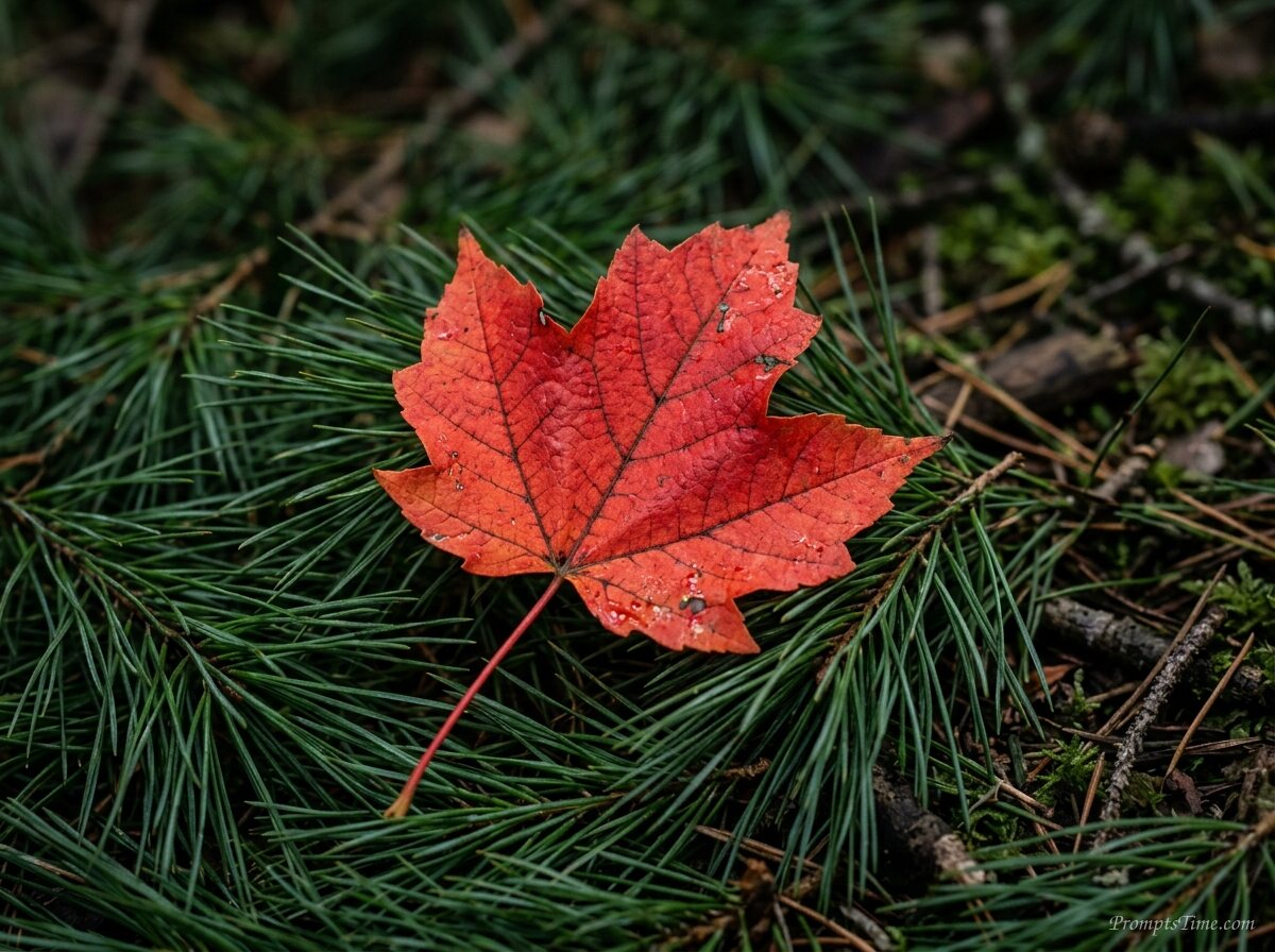 Red maple leaf on pine — AI-generated images image