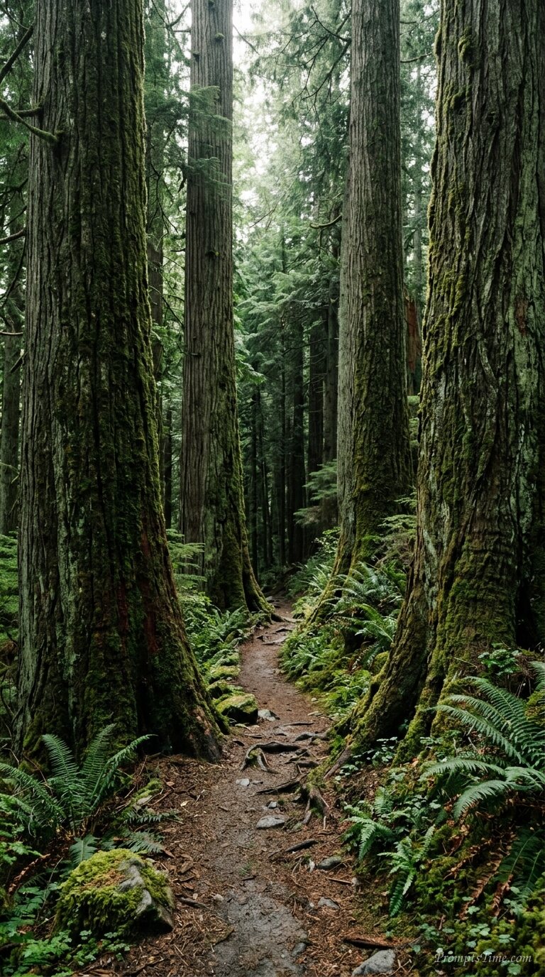 Forest path between cedar trees — AI-generated images image
