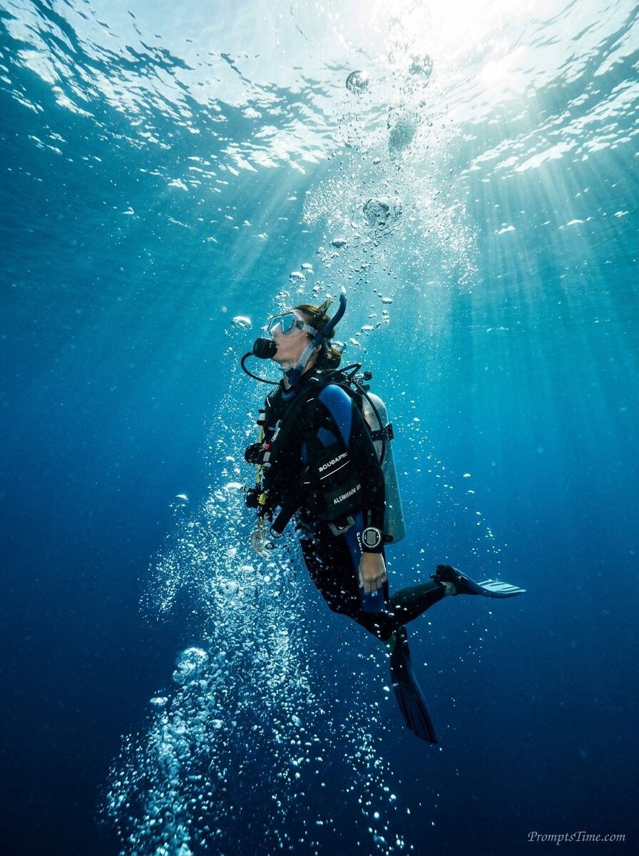 Scuba diver ascending ocean surface — AI-generated images image