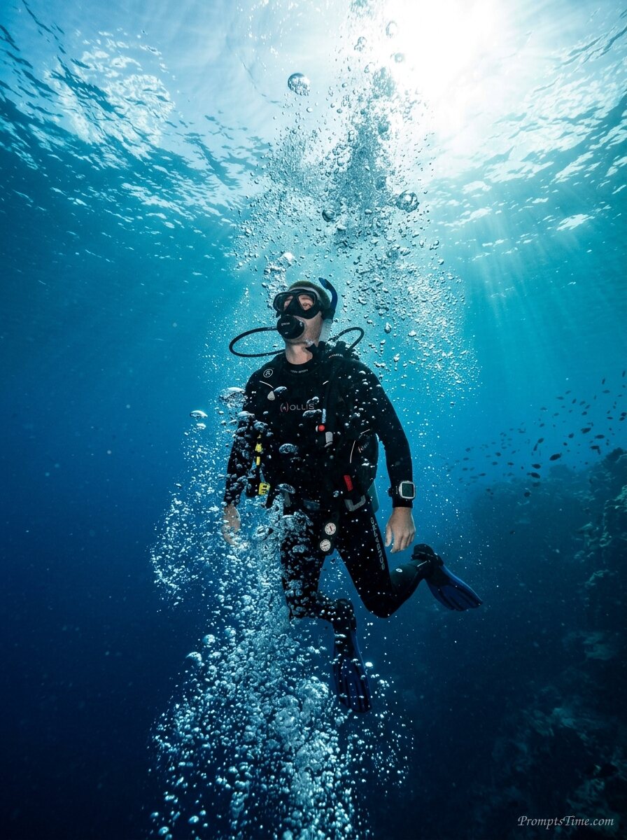 Scuba diver ascending ocean surface 2 — AI-generated images image