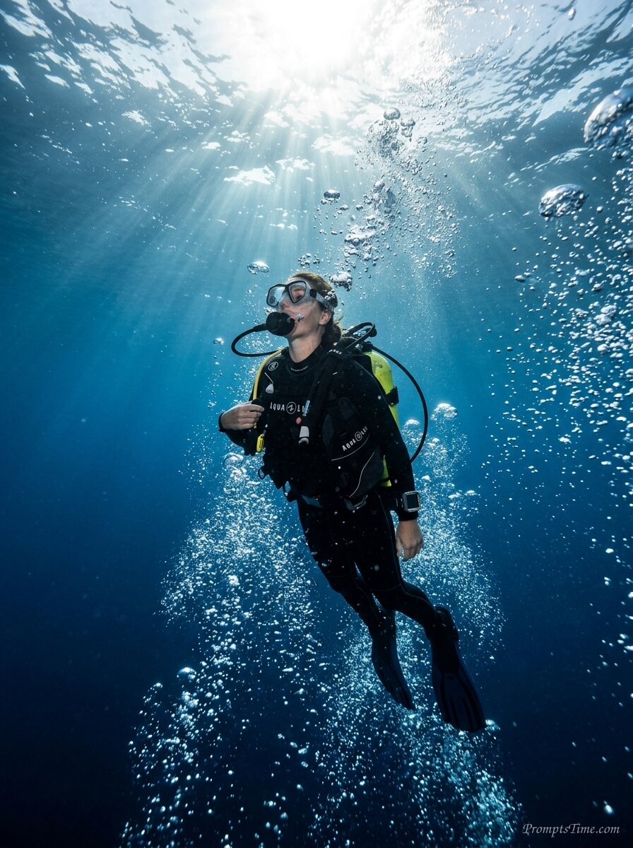 Scuba diver ascending towards su… — AI-generated images image