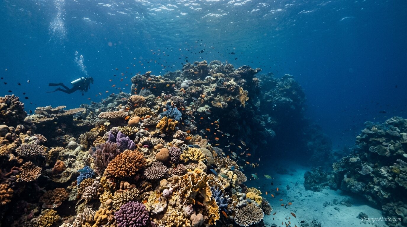 Scuba diver exploring coral reef — AI-generated images image