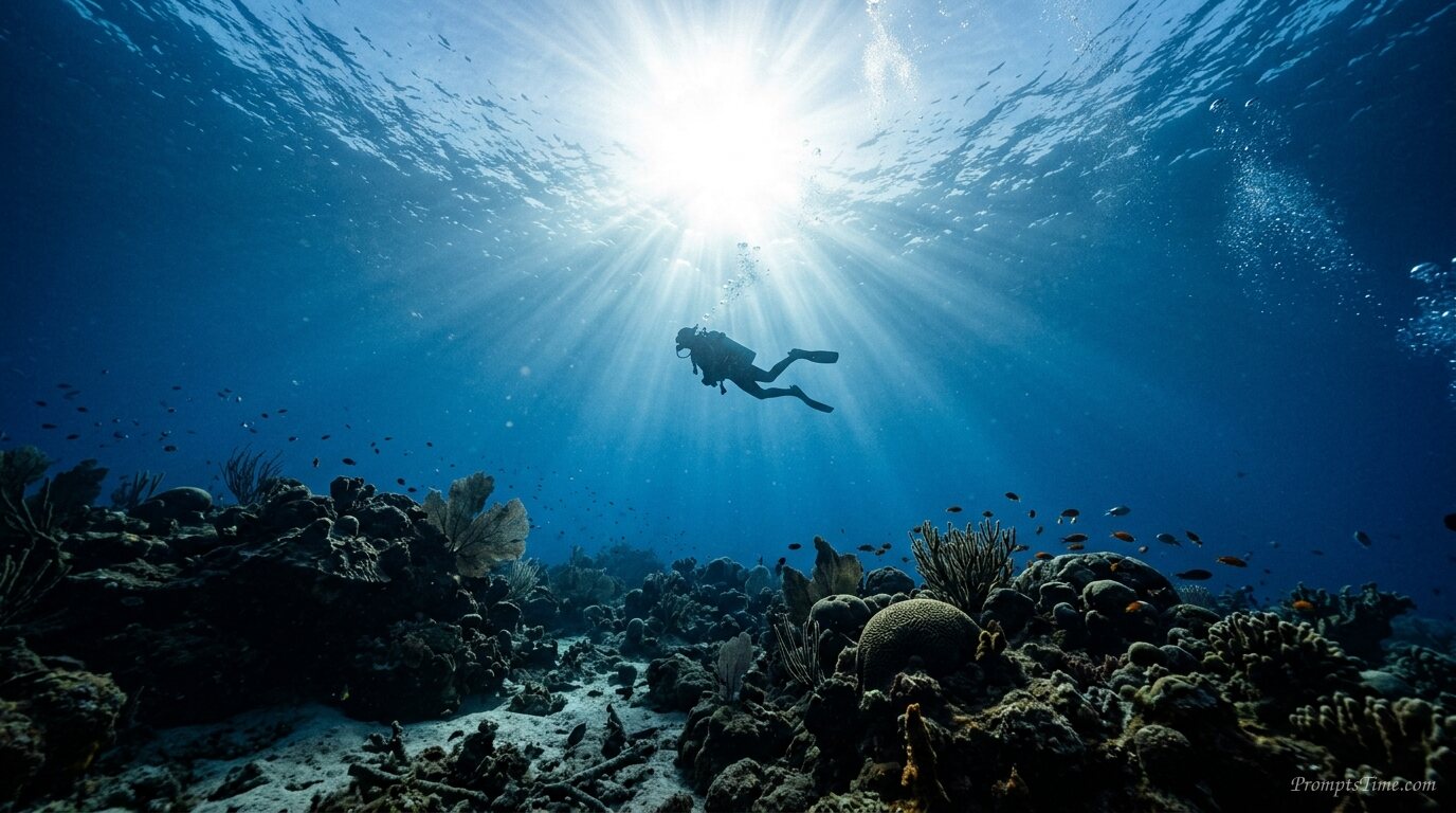 Scuba diver underwater looking up — AI-generated images image