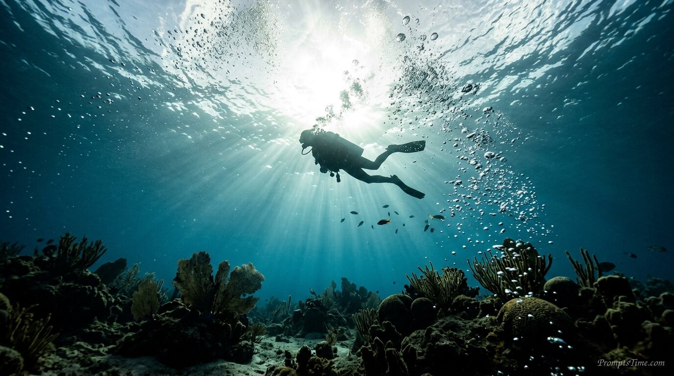 Scuba diver underwater looking up 2 — AI-generated images image
