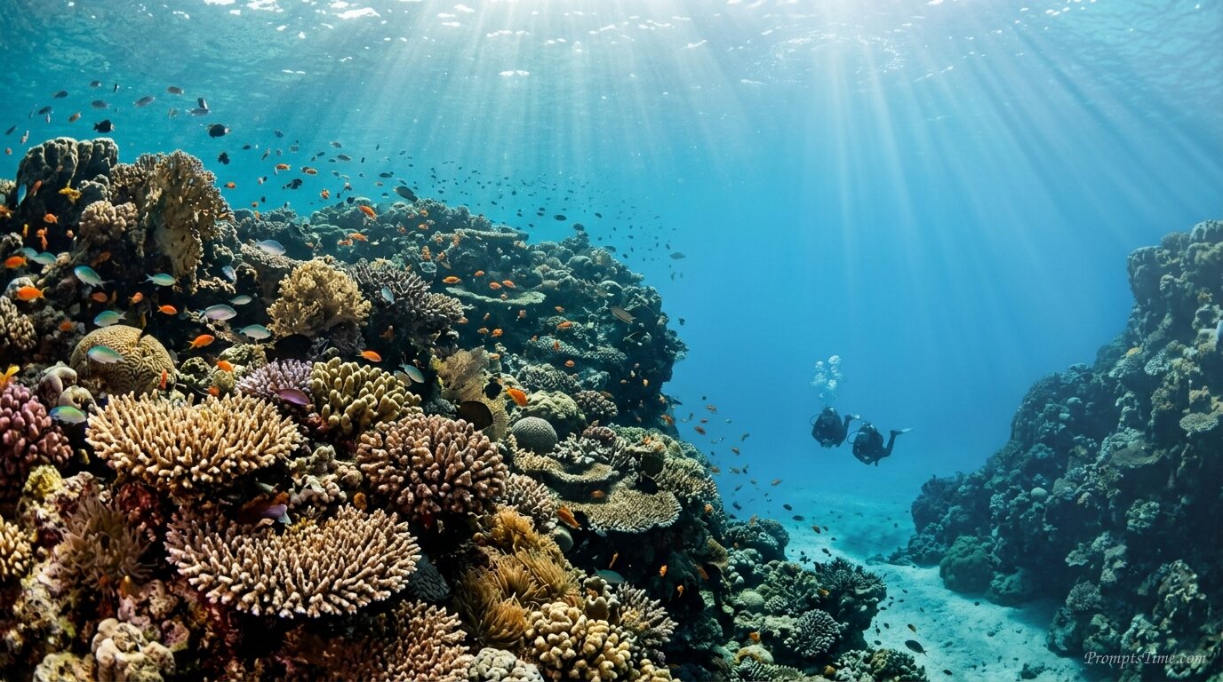 Scuba divers exploring coral reef — AI-generated images image