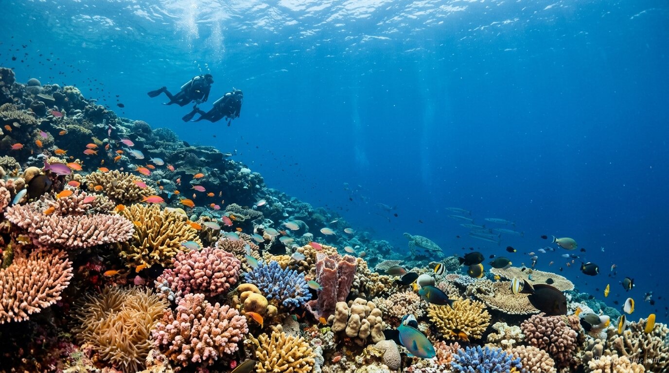 Divers exploring coral reef — AI-generated images image