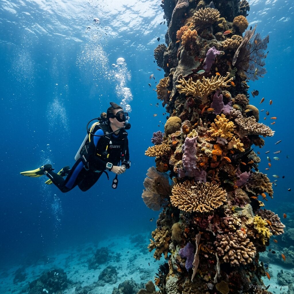 Woman scuba diving near coral — AI-generated images image