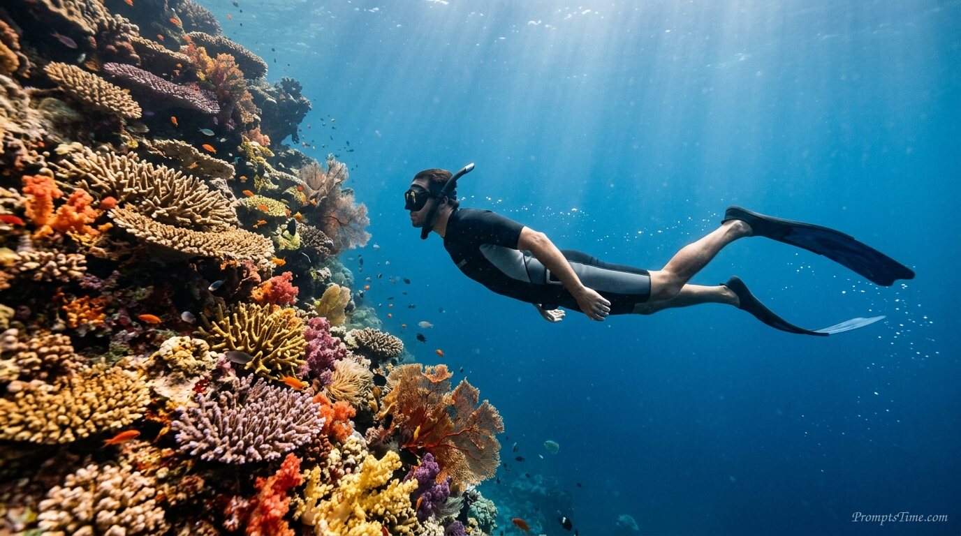 Man free diving along coral wall — AI-generated images image