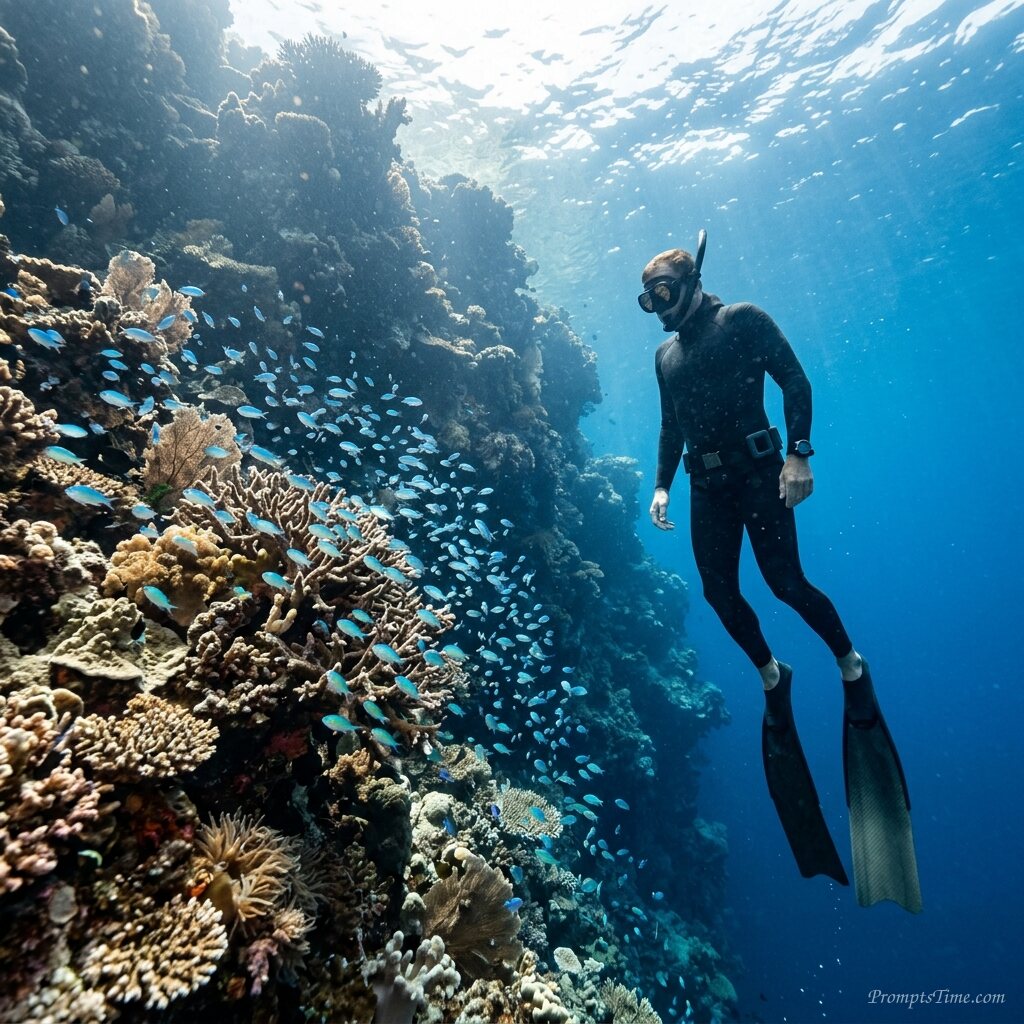 Man free diving near coral reef — AI-generated images image
