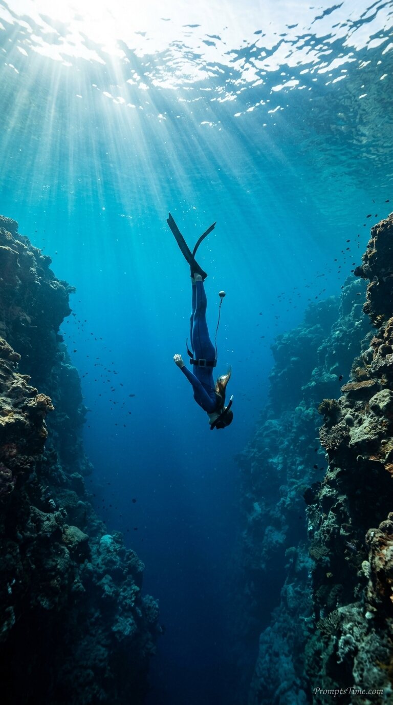 Free diver descending underwater — AI-generated images image