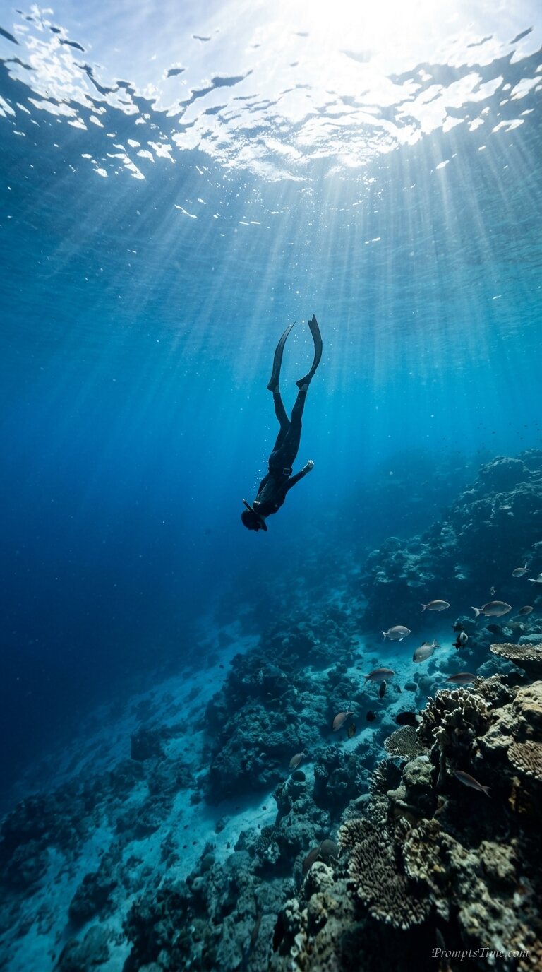 Free diver descending ocean floor — AI-generated images image