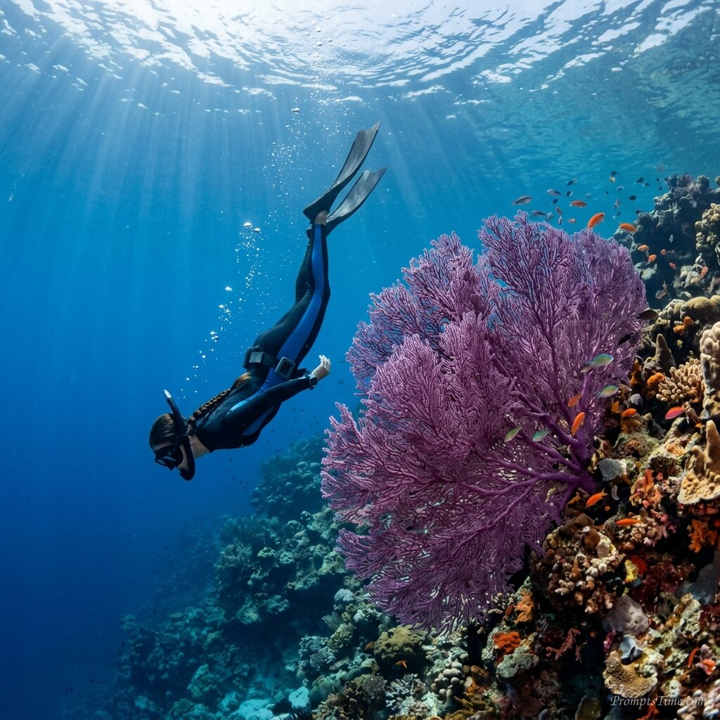 Woman descending past sea coral — AI-generated images image