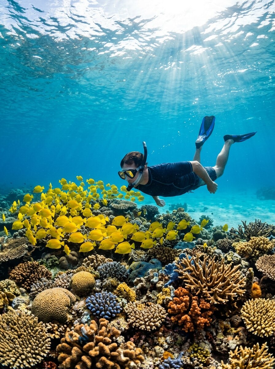 Man snorkeling over reef flat — AI-generated images image