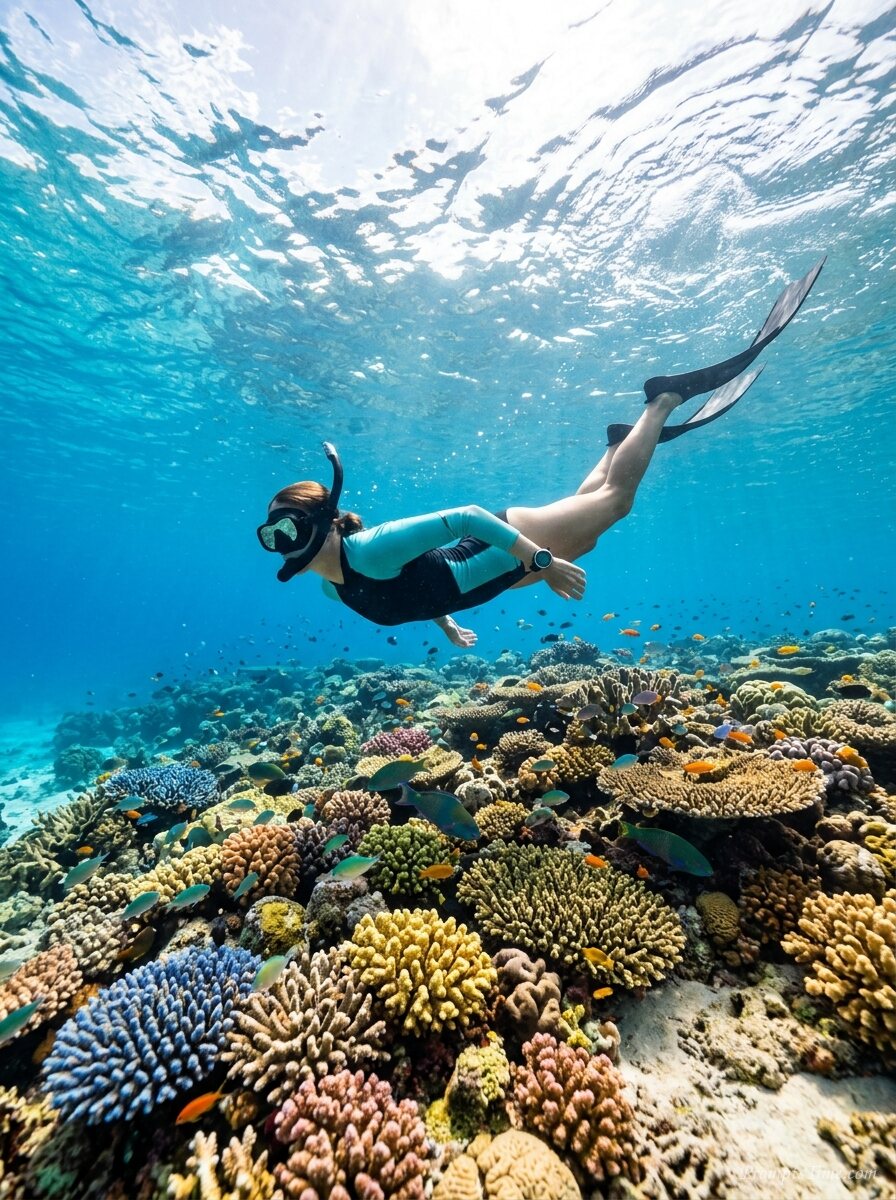 Snorkeler exploring shallow reef… — AI-generated images image
