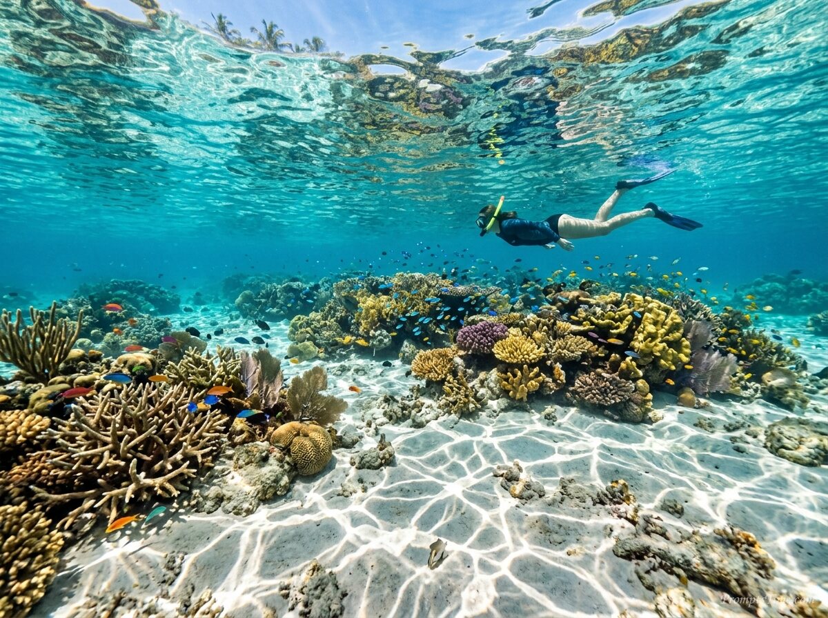 Snorkeler exploring sunlit reef … — AI-generated images image