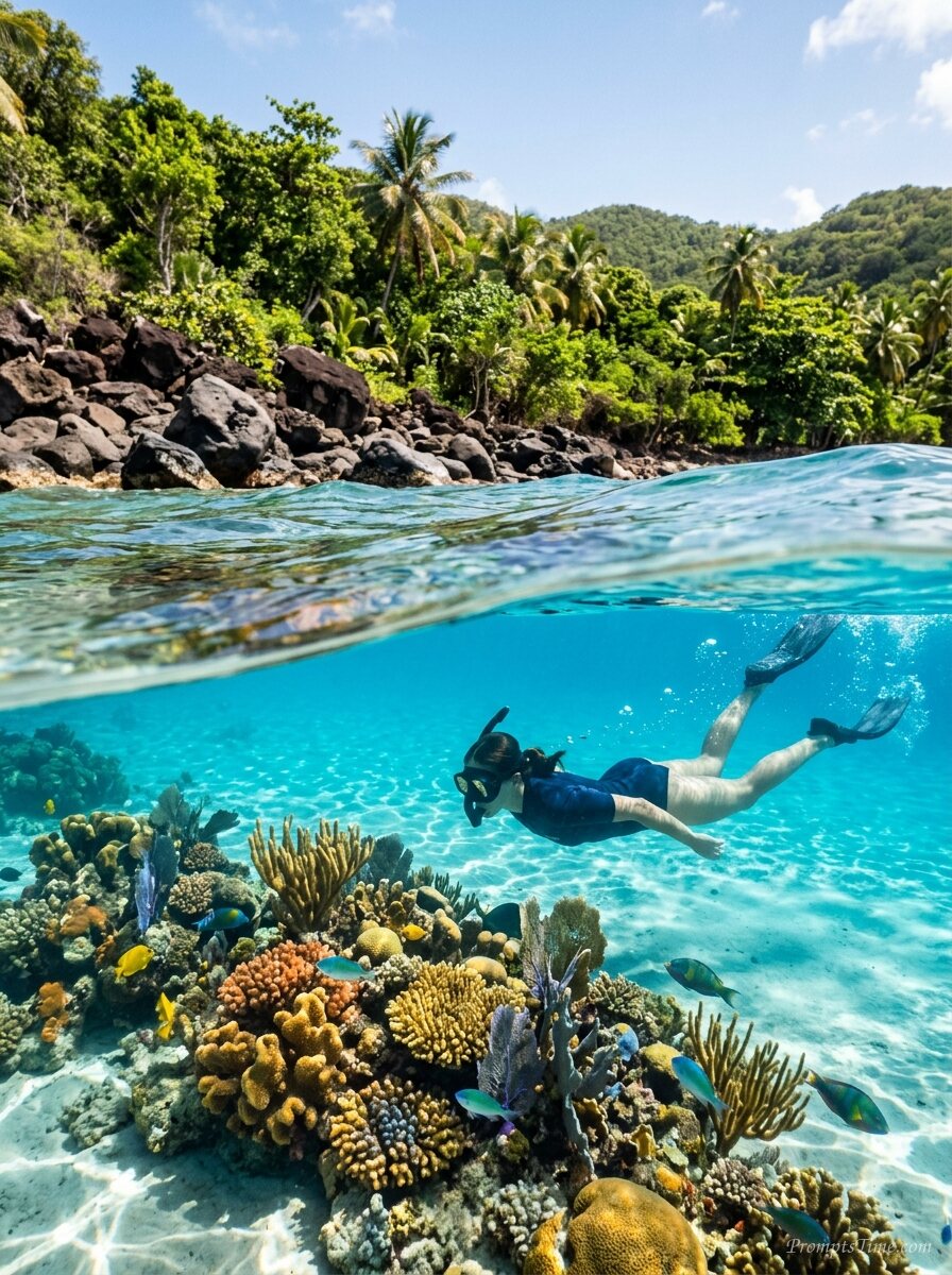 Snorkeler observing coral underw… — AI-generated images image