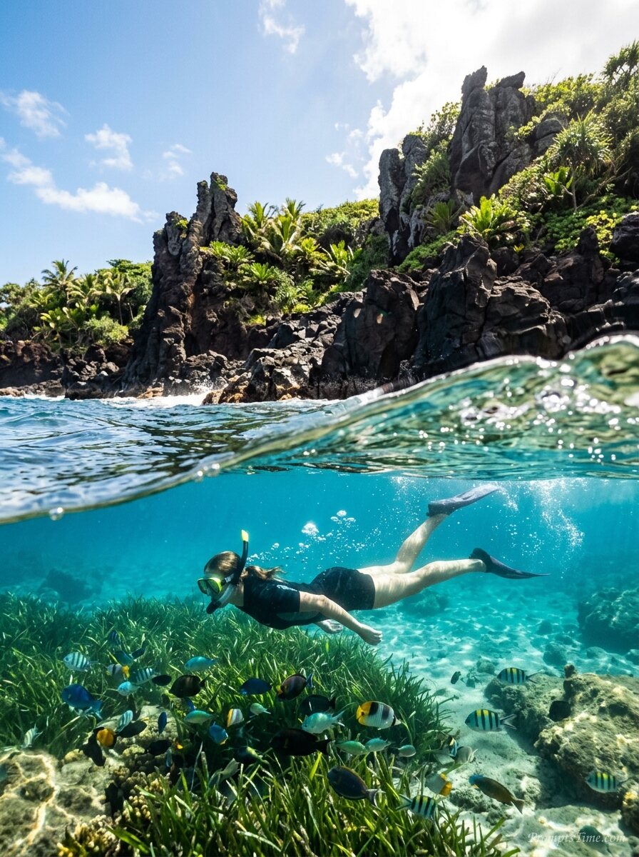 Snorkeler observing fish at coas… — AI-generated images image