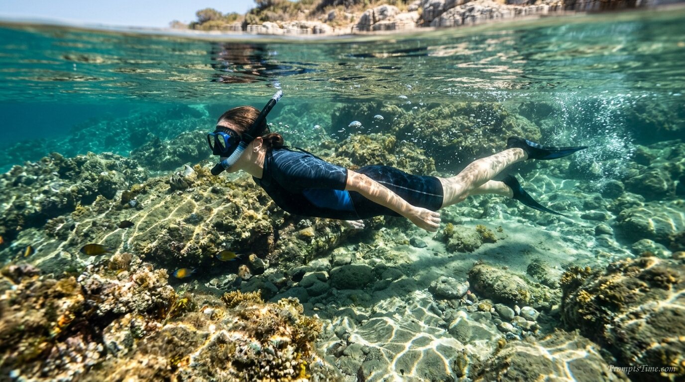 Woman snorkeling along rocky coa… — AI-generated images image