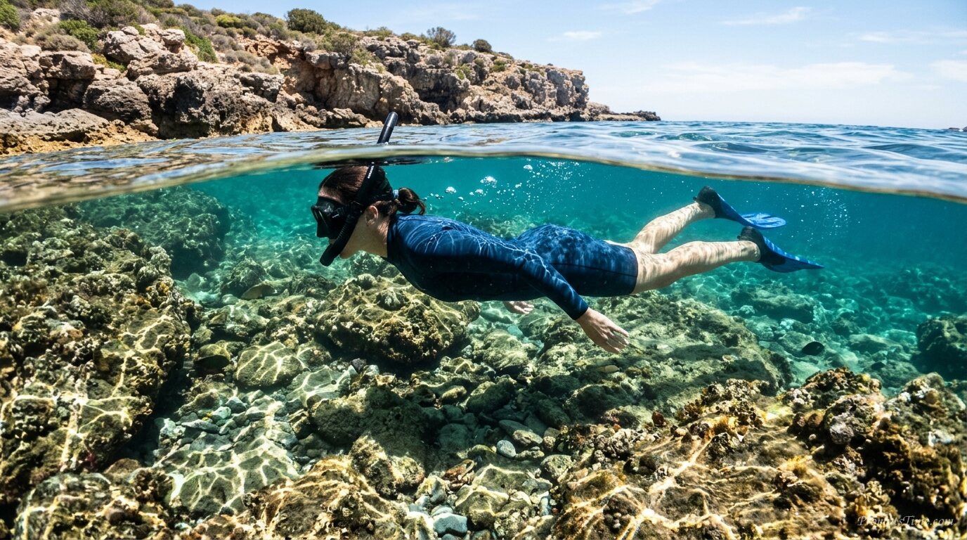 Woman snorkeling along rocky coa… 2 — AI-generated images image