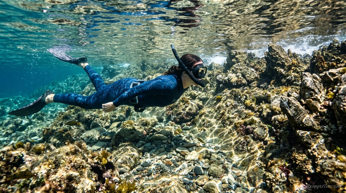 Woman snorkeling along rocky coa… 3 — AI-generated images image