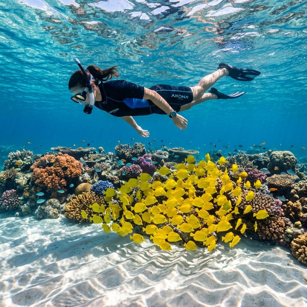 Woman snorkeling over coral reef — AI-generated images image