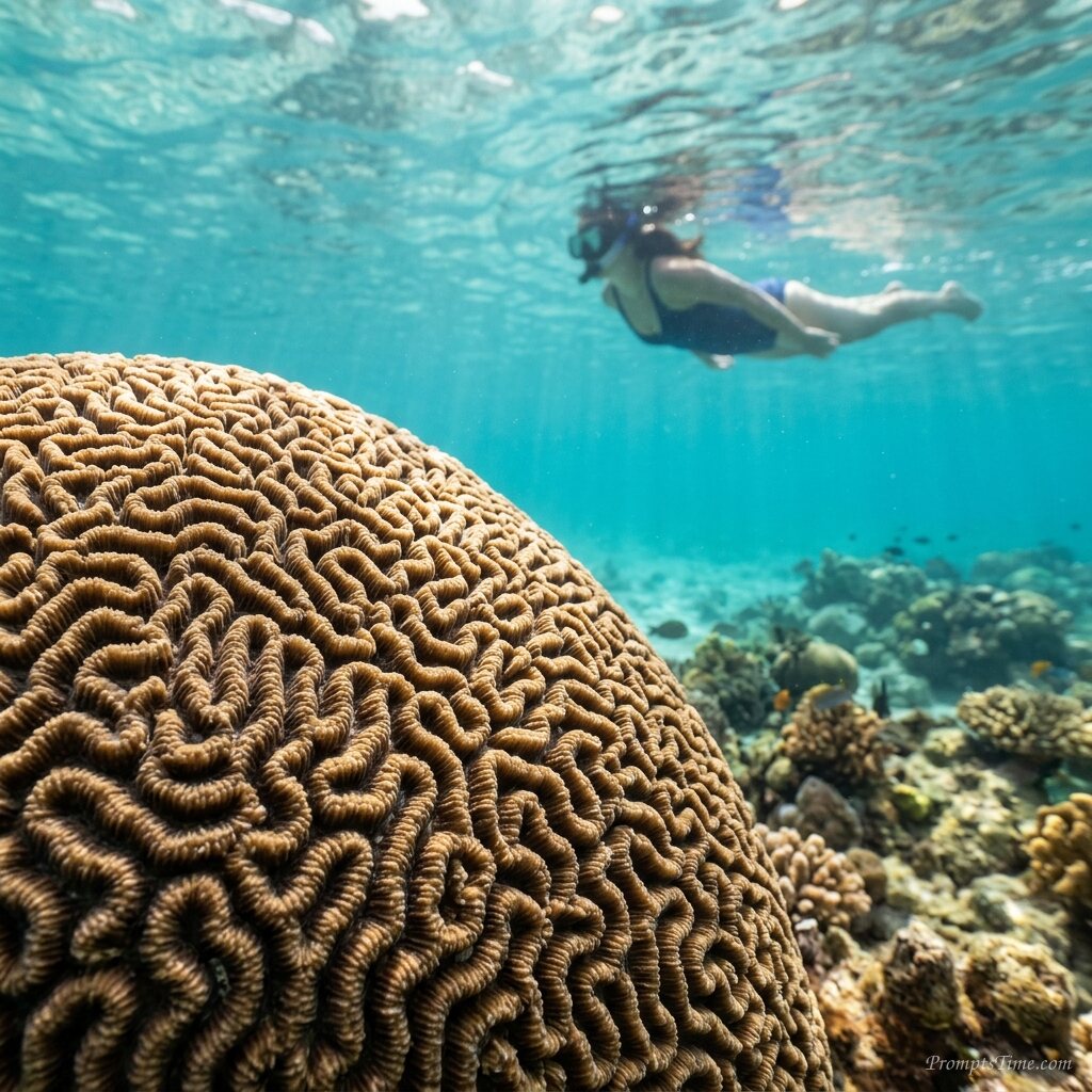 Swimmer floating near brain coral — AI-generated images image