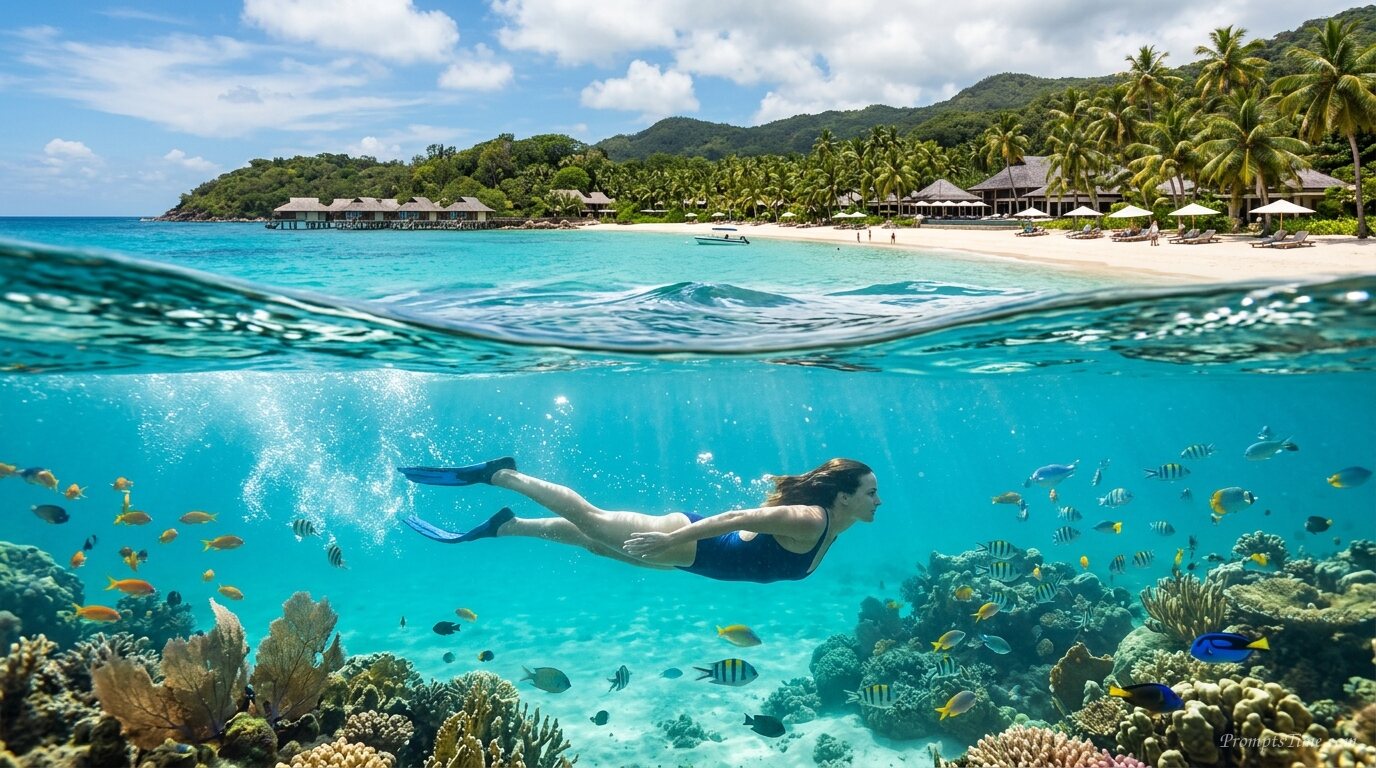 Swimmer in tropical bay — AI-generated images image