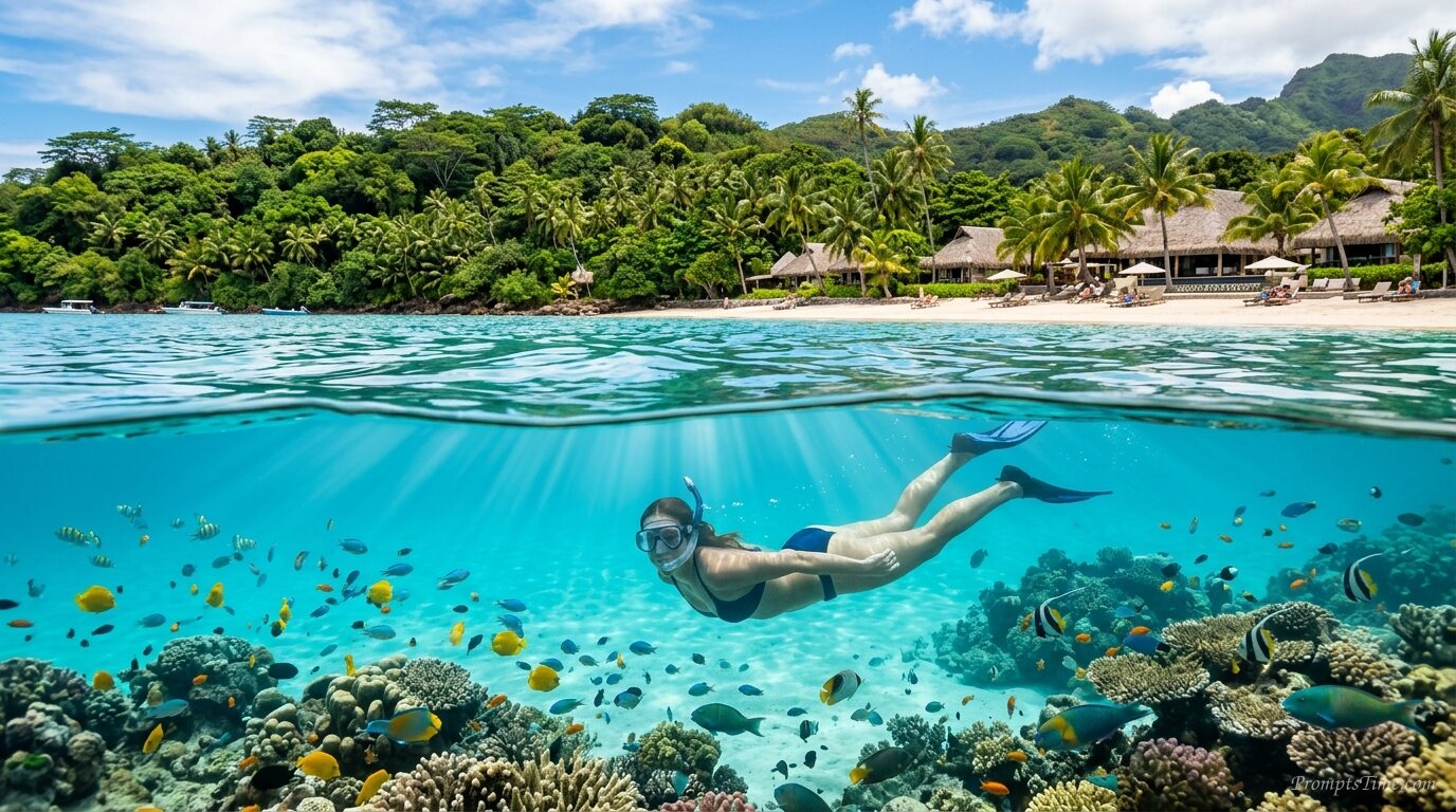 Swimmer underwater in turquoise bay — AI-generated images image