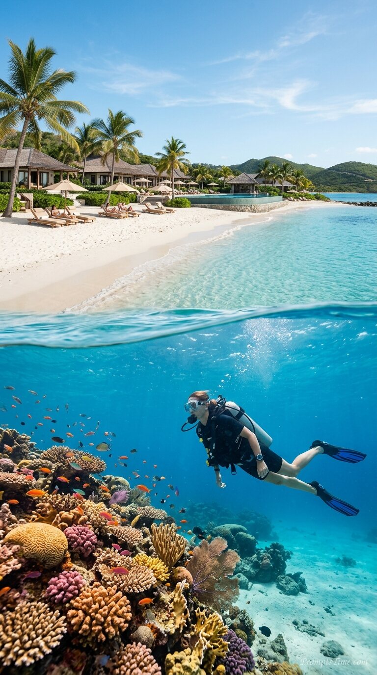 Diver swimming toward coral reef — AI-generated images image