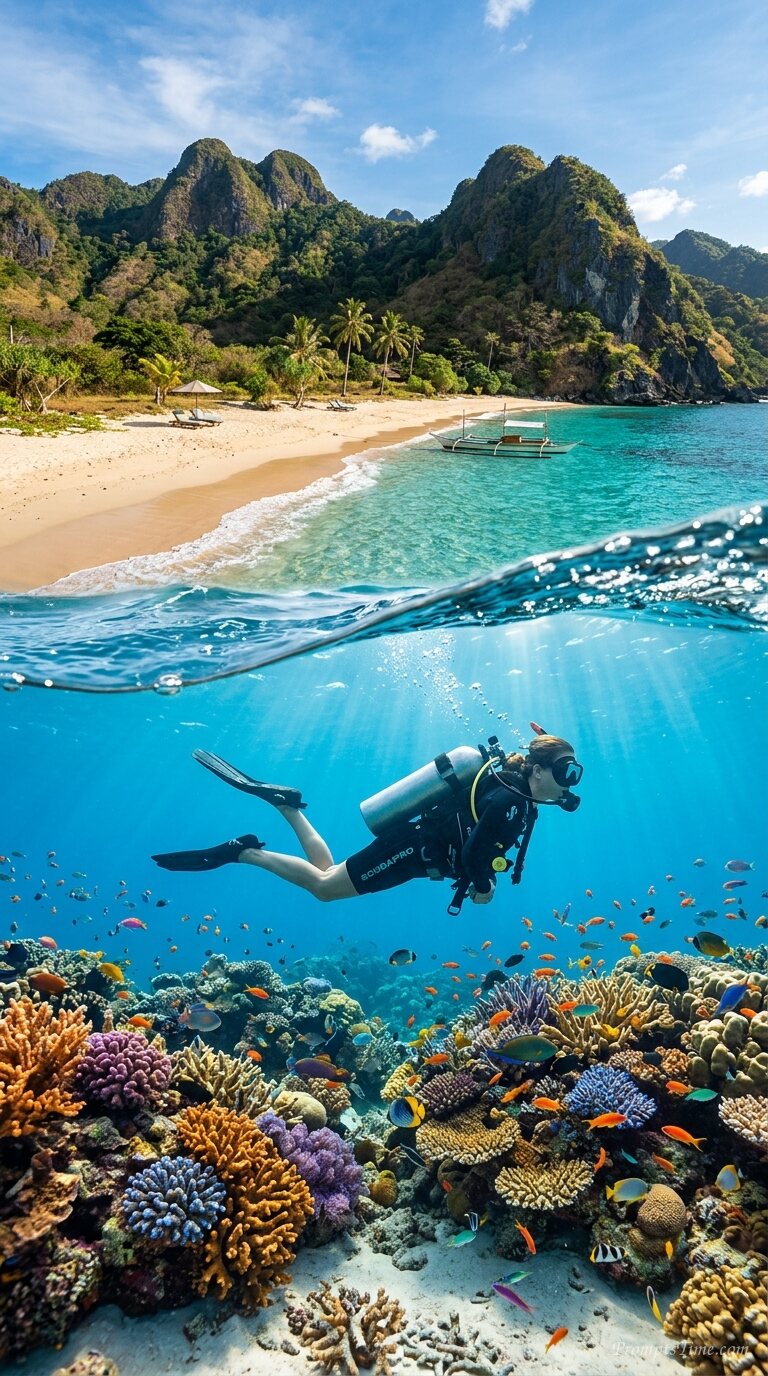 Divers swimming near reef garden — AI-generated images image
