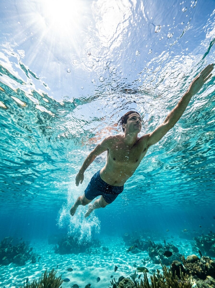 Man swimming in sunlit lagoon — AI-generated images image