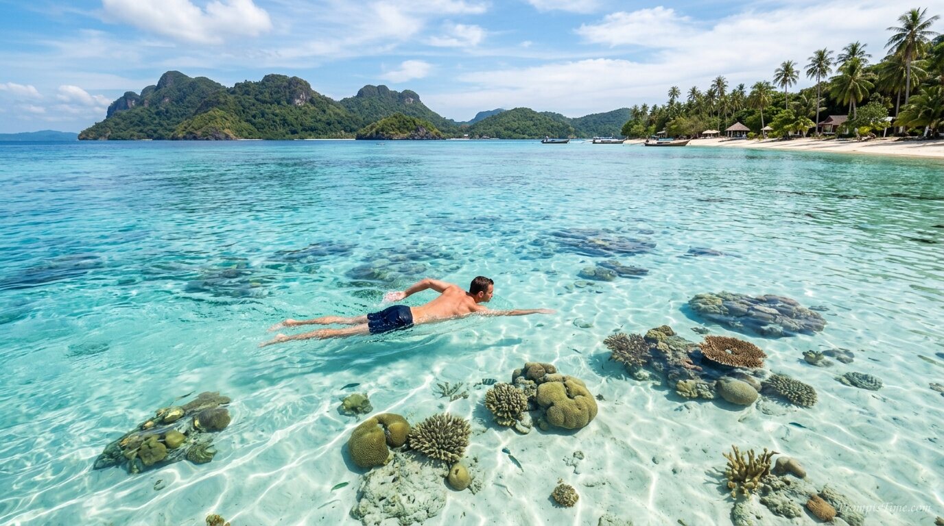 Man swimming over coral lagoon — AI-generated images image