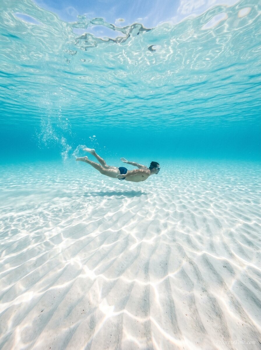 Man swimming over ocean floor — AI-generated images image